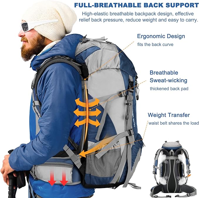 Loowoko 50L Hiking Backpack, Waterproof Camping Essentials Bag with Rain Cover, 45+5 Liter Lightweight Backpacking Back Pack