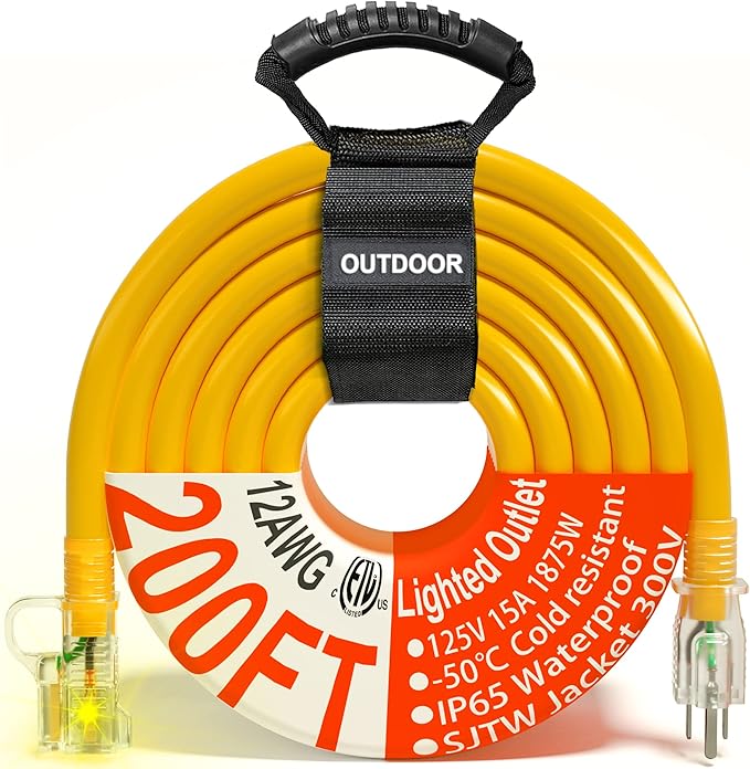 HUANCHAIN 200 ft 12/3 Gauge Outdoor Extension Cord Waterproof Heavy Duty with Lighted end, Flexible 3 Prong Electric Cord Outside, 15Amp 1875W 12AWG SJTW, Yellow, ETL