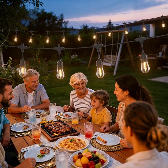 SUFEIMAS LED-Outdoor-String-Lights-Patio-Light-Outside 50FT Waterproof String Light with Remote Dimmer Outdoor Lighting with 34 Plastic Bulbs Hanging Lights for Porch Garden Backyard,1.5 FT Spacing