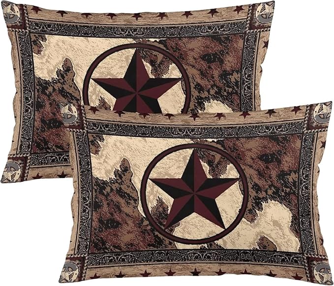 Western Texas Star Throw Pillow Covers Set of 2 Queen Size Rustic Vintage Country Pillow Cushion Cases Standard Pillow Cases Brown Wood Decorative Pillowcase 20X30 Inch for Sofa Bed