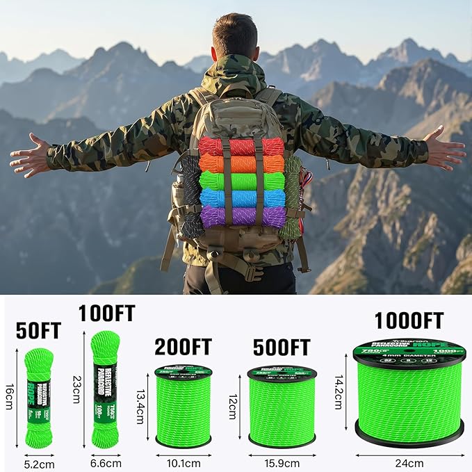Reflective Paracord Rope 750 lb - 500ft 5/32" Parachute Cord 4MM 12-Strand para Cord - Heavy Duty Spool String for Survival,Camping Gear, Survival Bracelet, Clothesline - Neon Green