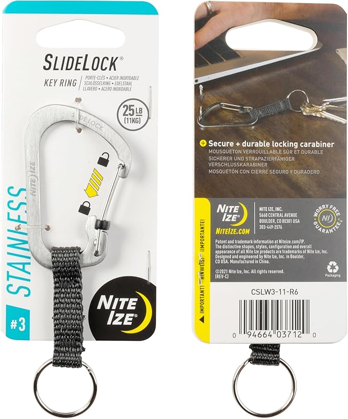 Nite Ize SlideLock Key Ring, Aluminum Locking Carabiner Key Chain with Webbing, Stainless Steel