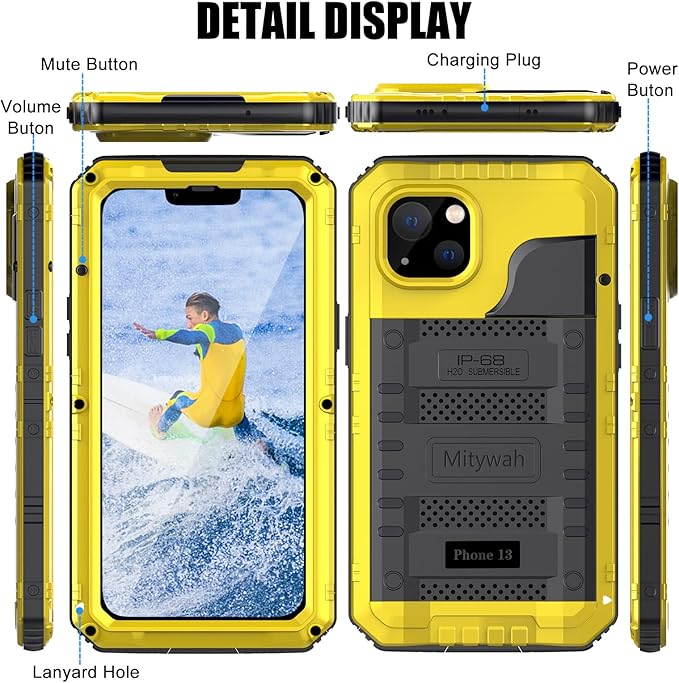 Mitywah Waterproof Case for iPhone 13, Heavy Duty Military Grade Drop Protection Phone Case with Built-in Screen Protector, 360° Full Body Protection Metal Armor Dropproof Case 6.1 inch, Yellow