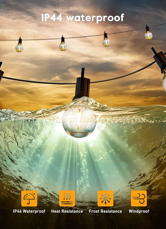 Brightown Led String Lights Outdoor 108Ft(98+10) with Remote, Patio String Lights for Outside with 52 Shatterproof Bulbs(2 Spare), Waterproof Hanging Lights for Backyard Bistro Party Cafe, E12 Socket