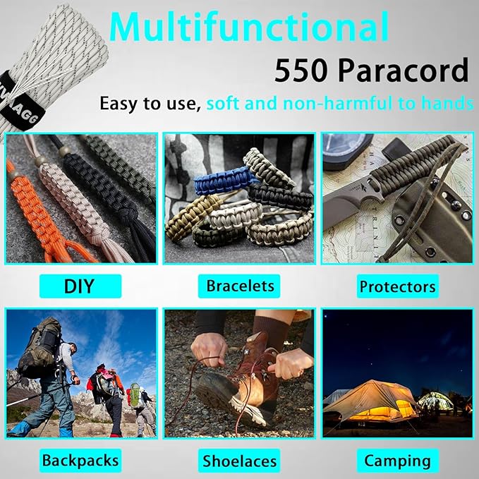 VVAAGG Reflective Paracord Rope 100FT, 7 Strand Nylon para Cord Lanyard Utility 550 Parachute Cord, 4mm Thin Tent Rope for Outdoor Camping Hiking