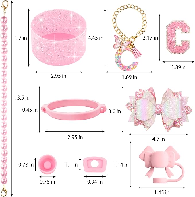 9PCS Pink for Stanley Cup Accessories Set Bling Initials Bow Charms for Stanley Decorations 30/40 Oz Tumbler Accessories Including Bow Straw Topper, Handle Strap, Spill Stopper（Letter C）