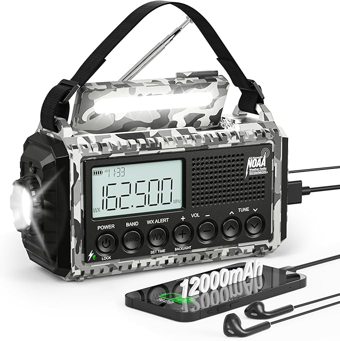 Eoxsmile Emergency Radio 12000mAh with NOAA Weather Alert | Solar, Hand Crank, Battery AM/FM/Shortwave with Type-C Charger, Flashlight, SOS for Hurricane, Camping, Outdoor Survival