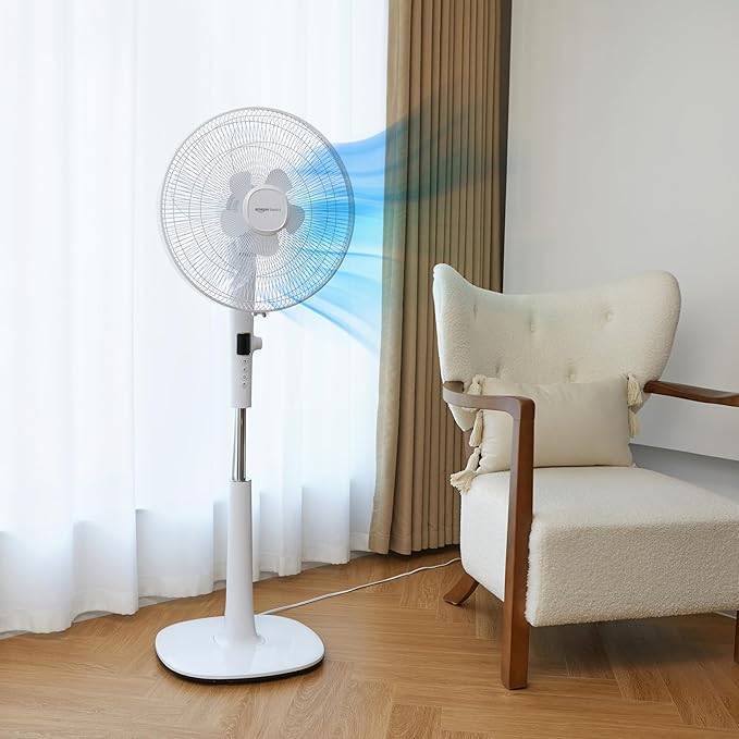 Amazon Basics 16" DC Motor Standing Floor Fan, 12 Speed with Remote, 3 Breeze Modes, Dual-Layered Blades (10 Blades), Timer, Energy Efficiency and Quiet DC Motor (28W), White