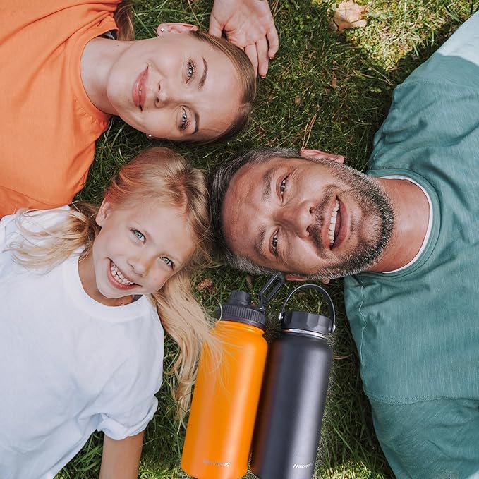 Navigate 32 oz Insulated Stainless Steel Sports Water Bottle with Spout & Handle Lids,Wide Mouth Water Jug with Double Walled Leak Proof Keep Cold for 24 Hrs Hot for 12 Hrs, Orange