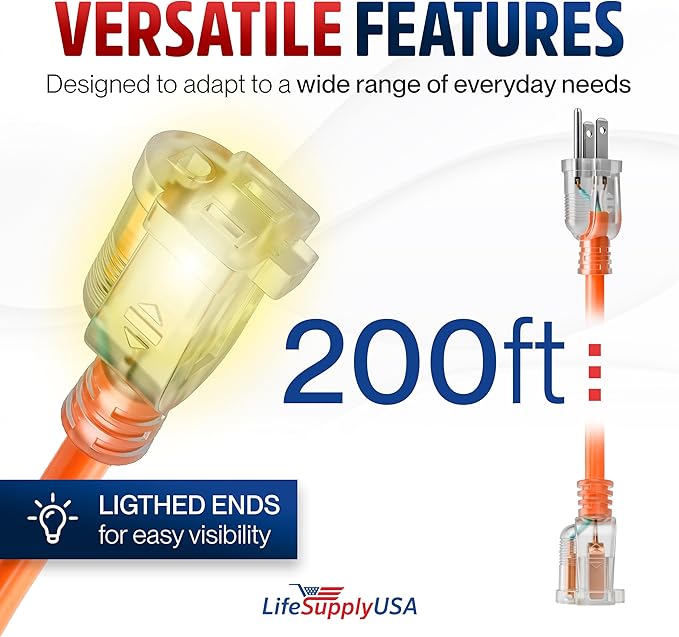 200ft Outdoor/Indoor Extension Cord 16/3 Gauge Heavy Duty 3 Prong SJTW, Waterproof, Flexible Cold-Resistant Long Power Cord,6A 125V 875W, Orange by LifeSupplyUSA