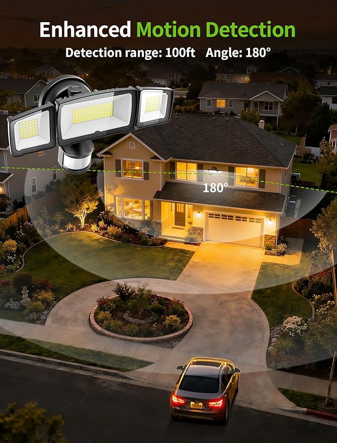 100W LED Security Lights, 11000LM Hardwired Flood Lights with Remote Control, Motion Sensor Outdoor Lights, 3 Adjustable Heads, IP66 Waterproof, Dusk to Dawn Outdoor Lighting for Yard Garage