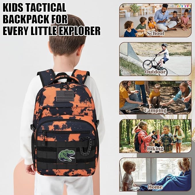 Kids Tactical Backpack Army Molle Bookbag Military Boys Backpack for School, Outdoor, Camping (Includes 2 Patches+1Carabiner), Mars CM