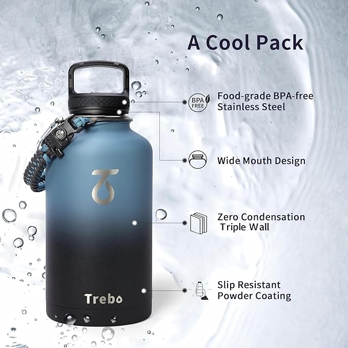 Trebo Water Bottle 64oz with Paracord Handle, Half Gallon Large Vacuum Triple Wall Stainless Steel Insulated Water Jug with Holder Strap Straw Spout Lids, Leakproof Keep Cold & Hot, Indigo/Black