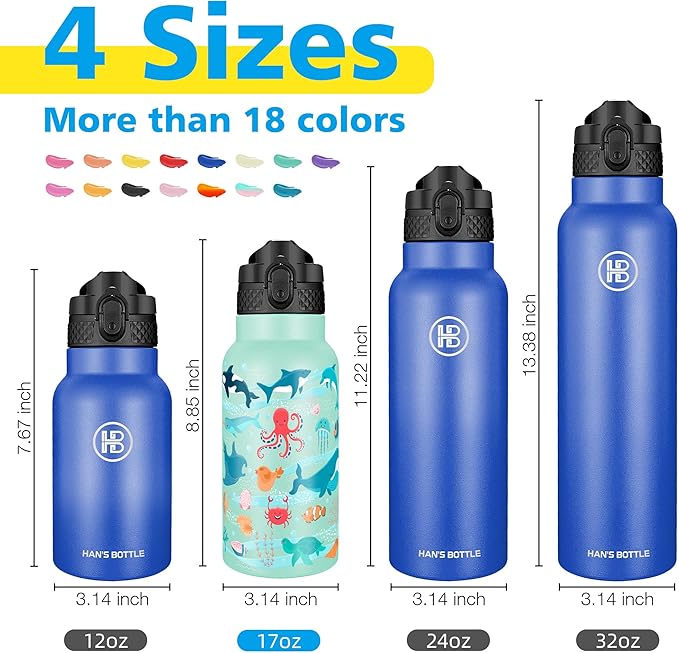 Han's Bottle Kids Water Bottle with Straw Lid - Insulated Stainless Steel Reusable Tumbler for Girls,Boys,Thermo Mug,17oz,Ocean Fish