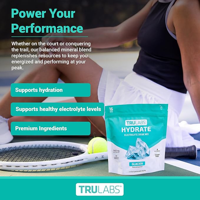TRULABS Hydrate Electrolyte Drink Mix – Glacier Flavor, Sugar-Free Hydration Packets with 1422 mg Electrolytes & 19 Vitamins & Minerals, Monk Fruit Sweetened, On-the-Go Sticks (16 Count)