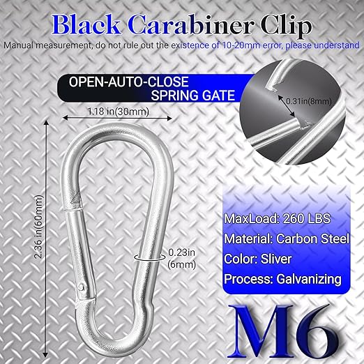 100 Pack 2.36" Sliver Carabiners Clip, M6 Galvanized Steel Small Spring Snap Hook, Keychain Clip, Quick Link Key Chain for Hammock Swing Set Outdoor Travel, Camping, Fishing, Hiking
