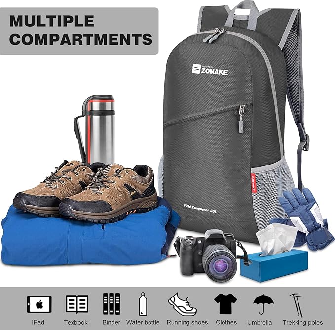 ZOMAKE Lightweight Packable Backpack,Foldable Backpacks Small Daypack for Hiking Water Resistant Day Bag for Travel(Medium Grey)
