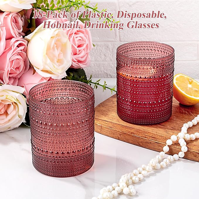18PCS Plastic Hobnail Drinking Glasses - 14 Oz Burgundy Vintage Glasses Mixed Drinkware Sets - Disposable Beaded Cups for Beer, Whiskey, Juice, Cocktail, Wine, Party