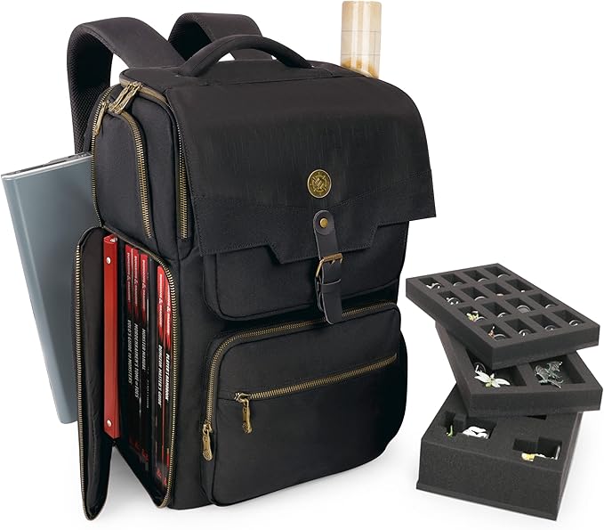 ENHANCE DnD Backpack - RPG DM Bag for Dungeons and Dragons - Travel DnD Bag Organizer fits 6-8 Books Upright, 18" Laptop/DM Screen Slot, Miniature Storage Foam Trays, Accessories Pockets, Map Strap