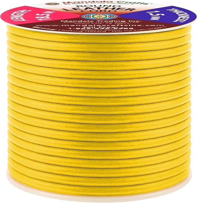 Mandala Crafts Round Genuine Yellow Leather Cord for Jewelry Making – 1.5mm Cowhide Leather Rope String Lace for Kumihimo – 20 Yards Cowhide Craft Cording Spool