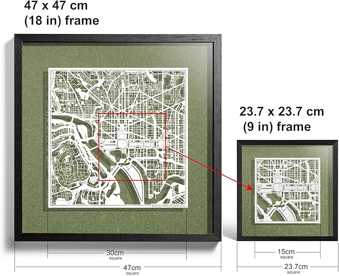 Washington D.C. Cut Map framed by O3 Design Studio, White map, Black frame, 18x18 inches, paper cutting art work, Gift Boxed, 4 background color, self-changing, Wall Art