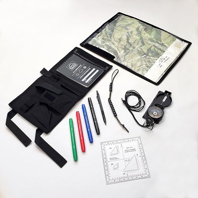 Compass Navigation Kit - Advanced Package - Includes Lensatic Military Style Compass, Multifunction Case, Ranger Beads, Protractor, and Markers - Everthing Needed to Get Started