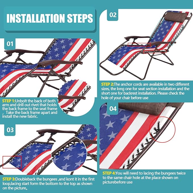 Queekay Chair Replacement Fabric with 4 Bungee Cord Lounge Chair Cloth Mesh Repair Kit for Patio Recliner Outdoor Lawn Pool (63 x 17 Inch,National Flag)
