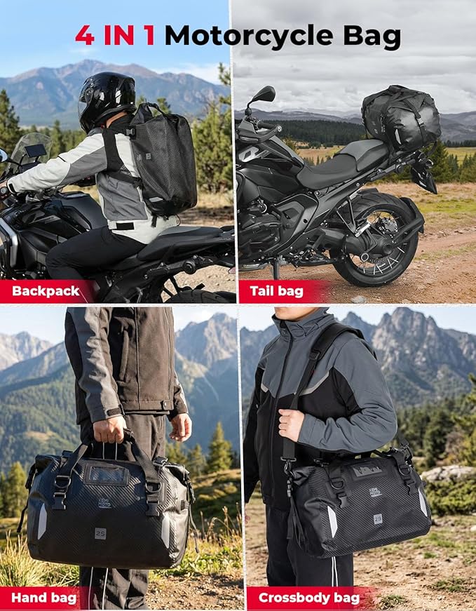 KEMIMOTO Waterproof Motorcycle Dry Bag – Duffle Tail Bag Soft Luggage, 25L/40L/65L Large Capacity with 4 Quick-Release Straps, Dustproof for Touring, Adventure, Motorcycling & Camping Black