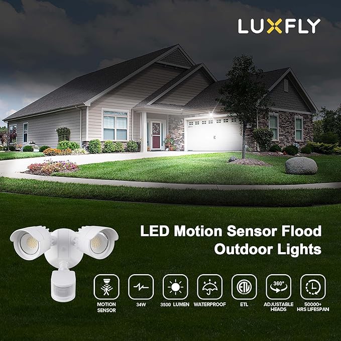 LED Motion Sensor Outdoor Lights, 34W 3500LM 5000K Daylight, IP65 Waterproof, Dusk to Dawn Flood Light, 2 Head Motion Lights for House, Security Lights for Outside, Garage, Yard (White, 1 Pack)