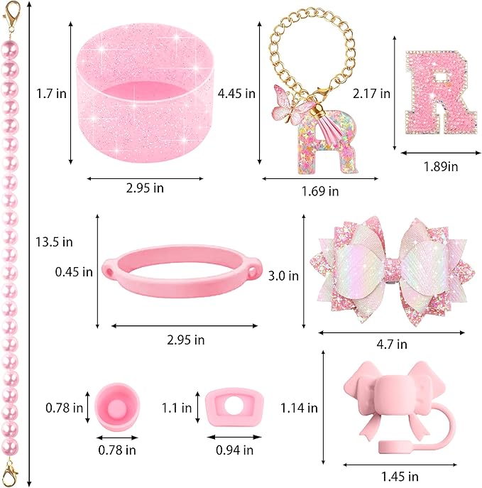 9PCS Pink for Stanley Cup Accessories Set Bling Initials Bow Charms for Stanley Decorations 30/40 Oz Tumbler Accessories Including Bow Straw Topper, Handle Strap, Spill Stopper（Letter R）