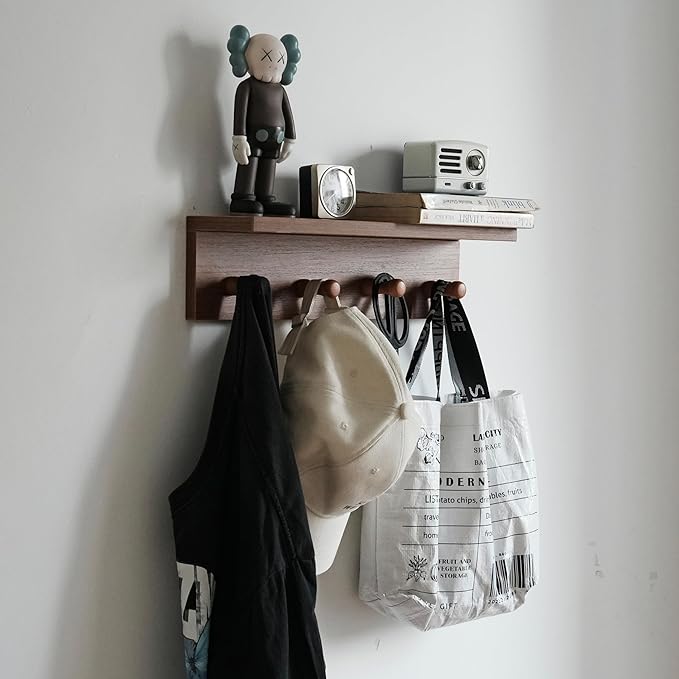 Entrance Coat Rack ，Coat Hooks, Wall-Mounted Wooden Hook Rack, Wall-Mounted Shelves are Very Suitable (Teak Color Finish—A-2)