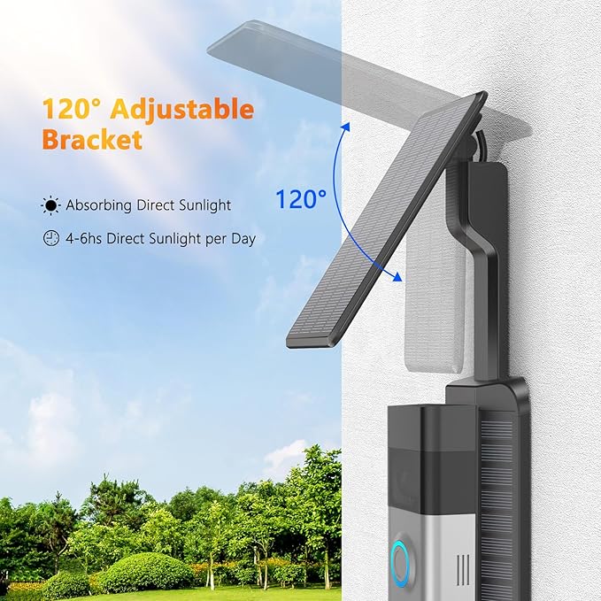 Doorbell Solar Charger Compatible for Ring Video Doorbell 3/3 Plus/4/Battery Doorbell Plus/Battery Doorbell Pro(2-Prong Port), QIBOX 2.9W Adjustable Efficient Solar Panel Mount for Doorbell Camera
