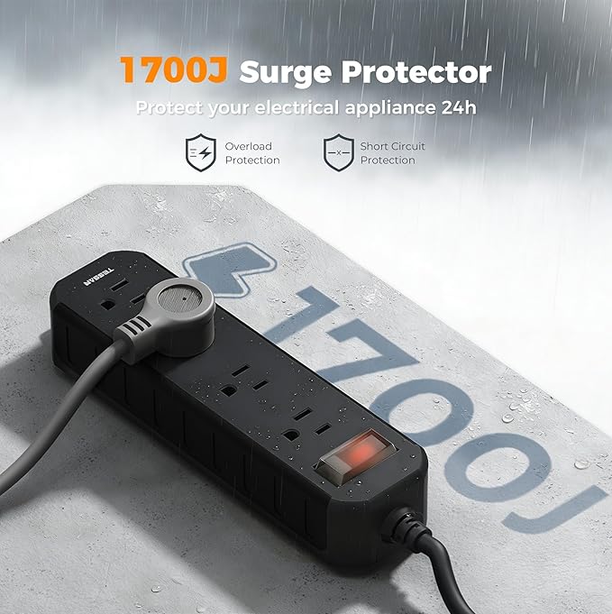 TESSAN Outdoor Power Strip Weatherproof, 50FT Extension Cord Waterproof with 4 Outlets 1 Switch (1250W), Surge Protector 1700J, Wall Mountable for Home Office and Patio Christmas Lights, Black