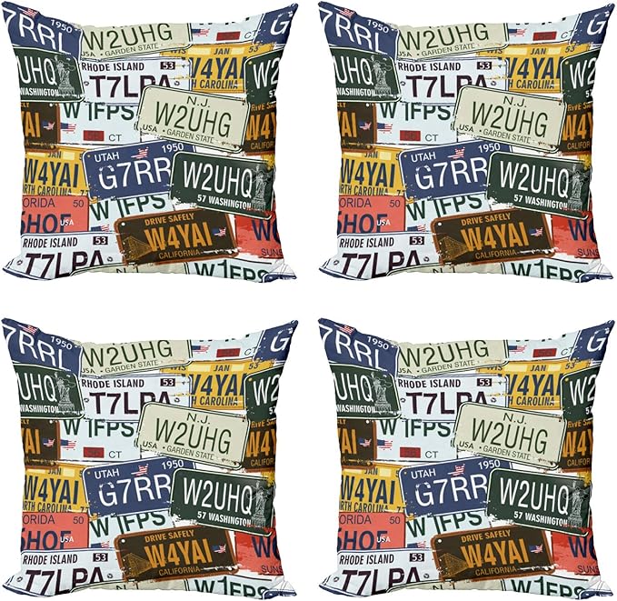 Ambesonne Vintage Decorative Throw Pillow Case Pack of 4, Original Retro Style License Plates Personalized Creative Travel Vacation, Cushion Cover for Couch Living Room Car, 24", Blue Green