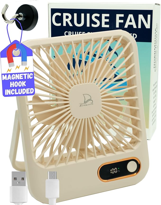 Nordmoose Cruise Ship Approved Fan – Up To 16 Hours Battery Life, USB Rechargeable, Battery-Powered Travel Fan for Sleeping – Magnetic Hook Included for Easy Hanging on Cabin Walls & Ceilings