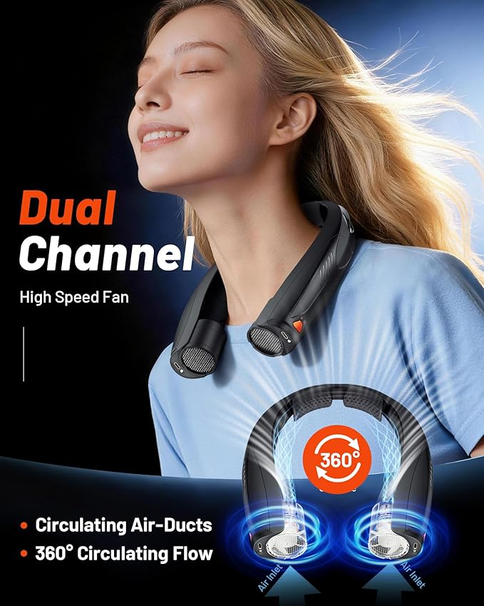 Portable Neck Fan, 6000mAh Rechargeable Personal Fan with 6 Speeds, Up to 20 Hours Runtime, 360° Cooling Wearable Fan with LED Light, Hands-Free Fan for Travel Camping Outdoor