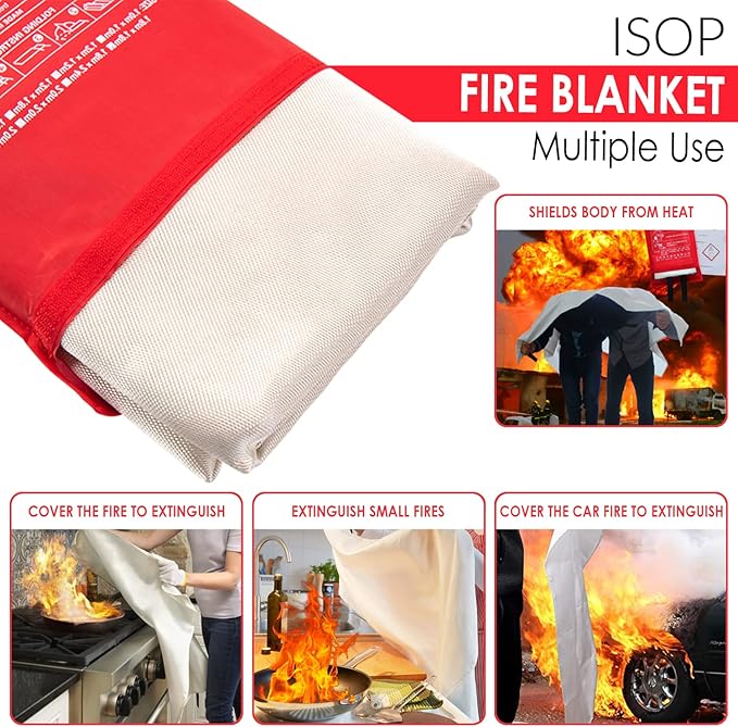 ISOP Fire Blanket Large 70 * 78 Inches – Fibreglass Fire Retardant Blanket – A-Grade Survival – Fire Suppressant Blankets – First Aid – Rescue Tool for Home Kitchen - Emergency Wrap - Thermal Sheet