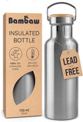 Bambaw 24 oz Metal Water Bottle, Insulated Stainless Steel Water Bottle, Great for Travel, Wide Mouth for Easy Cleaning, Reusable & Durable, Rust-Resistant & Sturdy (Natural Steal)