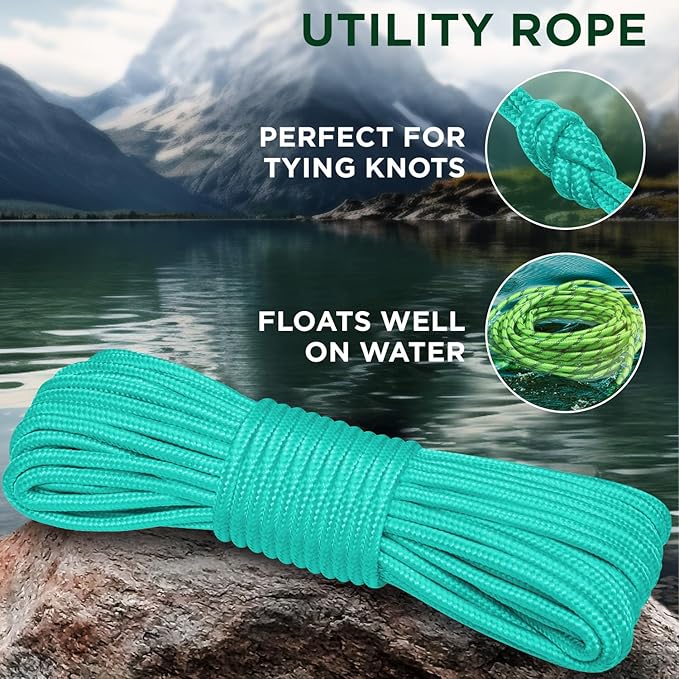 TECEUM Rope – 90 Feet x 1/4 Inch (7mm) – Green Wave – Strong All-Purpose Utility Rope – Camping, Crafting, Flag Pole, Indoor & Outdoor – Polypropylene Nylon Poly Lightweight Diamond Braided Cord