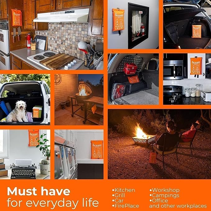 Fire Blanket -Certified 1200F Extra Thick, Glow In The Dark Fireproof Emergency Supplies. 500gsm, 0.5mm Thick Fire Blankets Emergency For Home. Emergency Blanket with Cape and Hood 75"x60" By Supa Ant