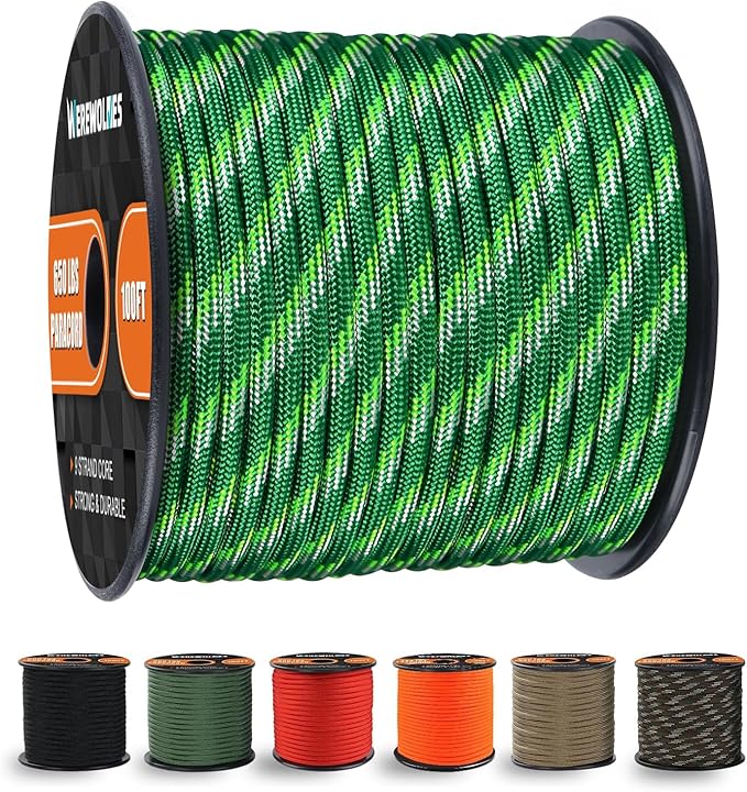 WEREWOLVES 650lb Paracord/Parachute Cord - 9 Strand Paracord Rope - 100', 200' Spools of Parachute Cord, Type III Paracord for Camping, Survival