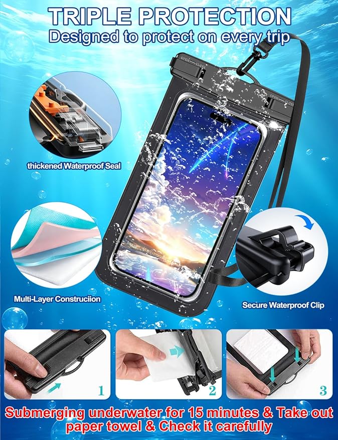6 Pack Multicolor Waterproof Phone Pouch, Large Phone Waterproof Case Dry Bag,Protection Level: IP68,Outdoor Sports for Apple iPhone,Samsung,and More(Fits Up to 8.3”)White,Blue,Red,Purple,Yellow,Green