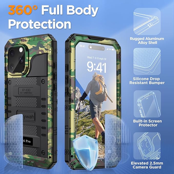 Mitywah Waterproof Case for iPhone 16 Pro Max, Heavy Duty Metal Cover with Built-in Screen Protector, Military Grade Full Body Shockproof Rugged Protective Phone Case 6.9 inch, Camouflage