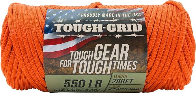 TOUGH-GRID 550 Paracord, Type III Mil-Spec Nylon Rope - 200 Ft Neon Orange Tactical Survival Cord