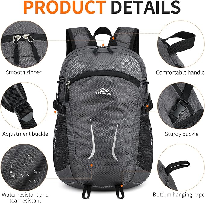 Small Hiking Backpack 35L Travel Lightweight Hiking Packable Daypack Water-Resistant Foldable Backpacks for Women Men Camping (Grey)