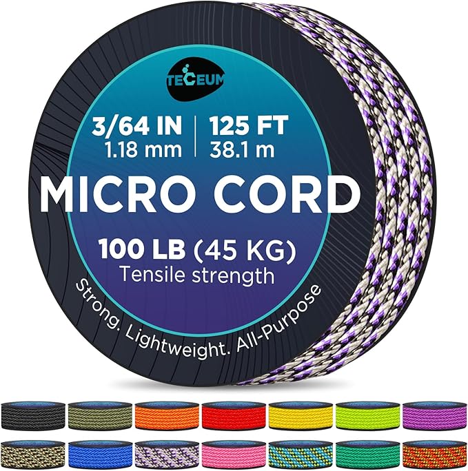 TECEUM Micro Paracord – 1.18 mm X 125 ft – Micro Utility Cord – Thin Braided Paracord Rope – Best for Crafting, DIY Projects, Fishing, Camping – Wind Chime Replacement – Survival Strong String