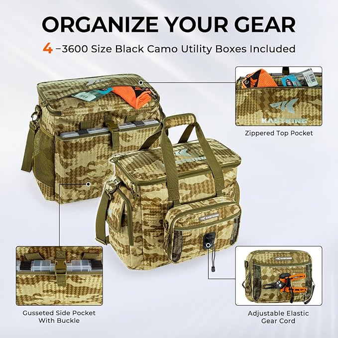 KastKing BaitSpace Fishing Tackle Bag With 4 Tackle Boxes & Removable Bait Binder, Water-Resistant Tackle Storage, Durable Fishing Gear, Adjustable Shoulder Strap