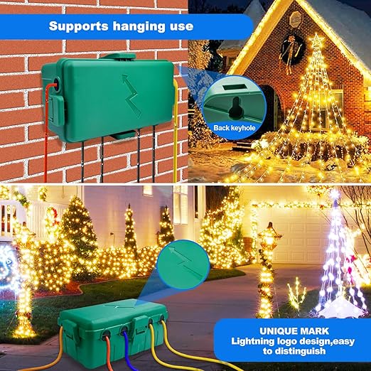 Hrensaw Medium Outdoor Electrical Box(10.6x5.5x4.5inch),IP54 Waterproof Extension Cord Cover w/6 Cable Entry,Weatherproof Connection Box Protect Power Strip,Timer,Plug,Holiday Lights,Green