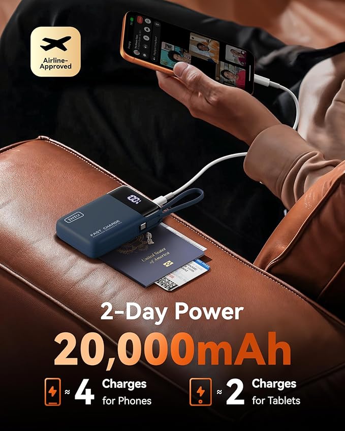 INIU 20000mAh Power Bank, Small Portable Charger, 45W PD Fast Charging Battery Pack with Build in USB-C Cable, Travel Phone Charger for iPhone 17 16 15 14 Air Samsung S25 S24 Google iPad Xiaomi, Blue