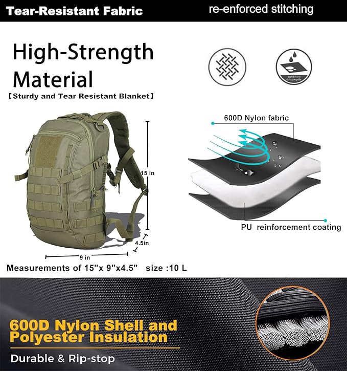 Miramrax 12L Small Backpack Day Pack - Mini Tactical Backpacks Military Daypack Molle Bag Rucksack Bug Out Bag for Hiking Camping Trekking (Green)